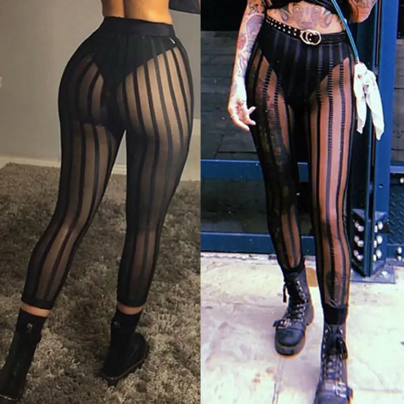 Hot Sexy Mesh Striped Leggings Women Striped Mesh Perspective Pants Knee Length Slim Trousers Club Wear