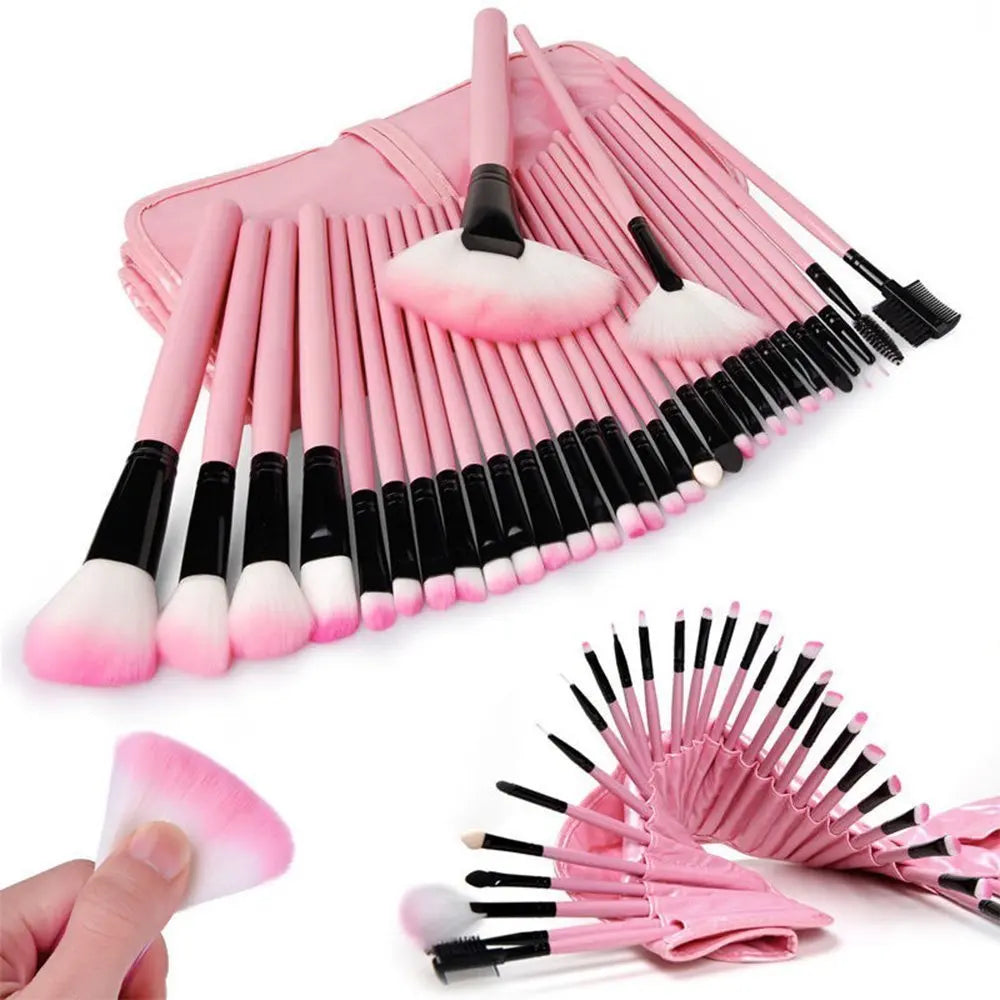FOEONCO Professional Makeup Tools 32 Pcs Makeup Brushes Wooden Color with Leather Bag Cosmetics Make Up Kits