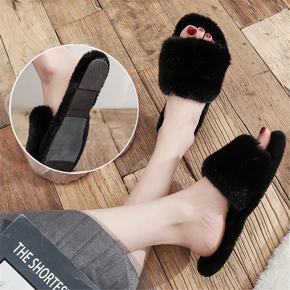 2023 Winter Women Furry Slippers Soft Plush Faux Fur Floor Shoes Indoor Ladies Warm Home Slippers